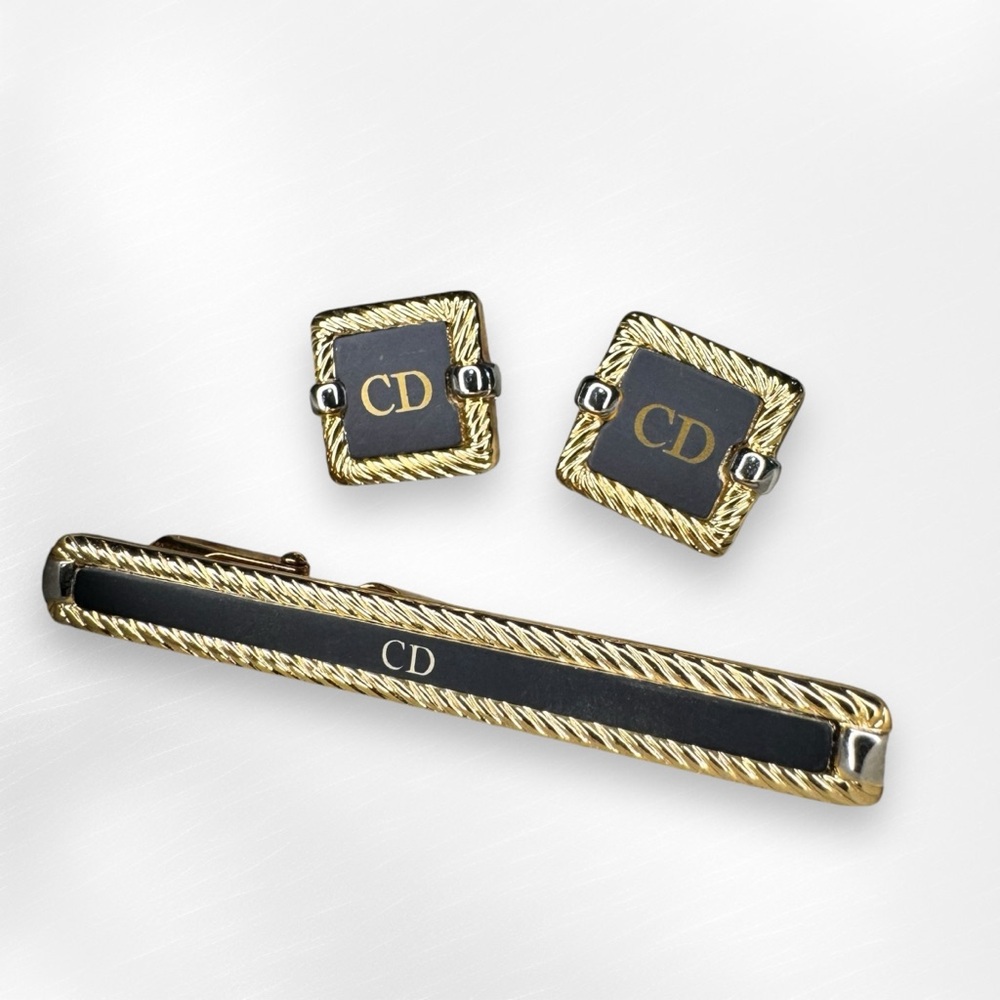 Christian Dior Vintage Cufflinks and Tie Bar / Money Clip Gold Silver & Black - Picture 3 of 14